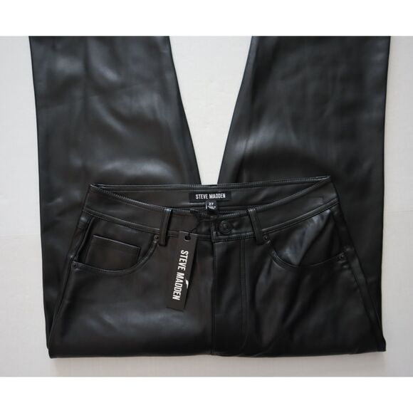 Steve Madden Women Sz 27 Black PU Leather Loren Mid-Rise Straight Leg Pants - Picture 3 of 11